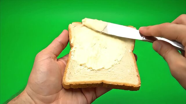 Spreading Butter on Slice of Toast over Green Screen Background