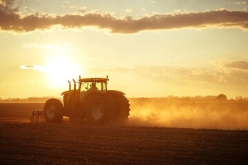 Obraz premium Tractor works on farm field at sunset in wide open space with warm colors in the sky