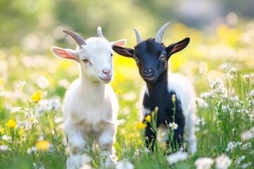 Obraz premium Funny baby goats play together in a field filled with flowers on a sunny afternoon