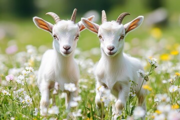 Obraz premium Two baby goats play in a field with flowers during a sunny day on a farm
