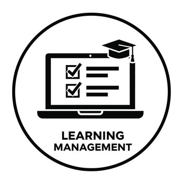 A black and white icon depicts a laptop displaying a checklist symbolizing online learning and educational management systems high quality professional detailed modern elegant
