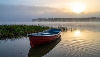 Obraz premium Serene Red Rowboat Drifts on Misty Lake at Sunrise with Golden Hues and Reeds