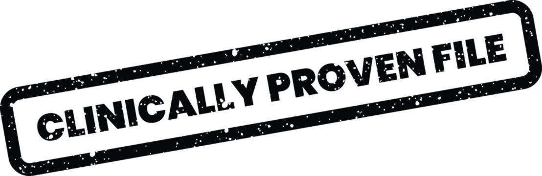 Grungy rubber stamp impression showcasing clinically proven file text, suitable for digital record certification or verified document status