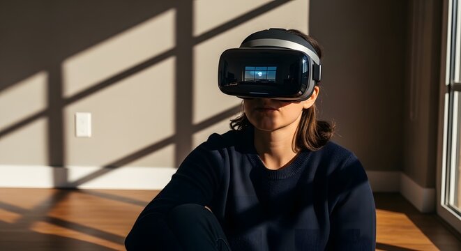 Young Woman Wearing Virtual Reality Headset Sitting Indoor