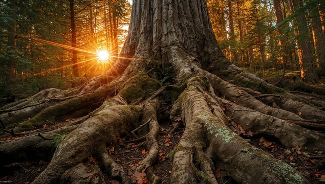 Sunlight Filtering Through Forest Canopy and Tree Roots in Nature