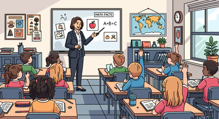 A female teacher in a suit stands at a whiteboard in a classroom, pointing to a diagram while students raise their hands to answer questions. © umah