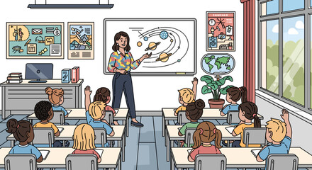 A teacher in a classroom points to a solar system diagram on a smartboard, with students raising their hands. © umah