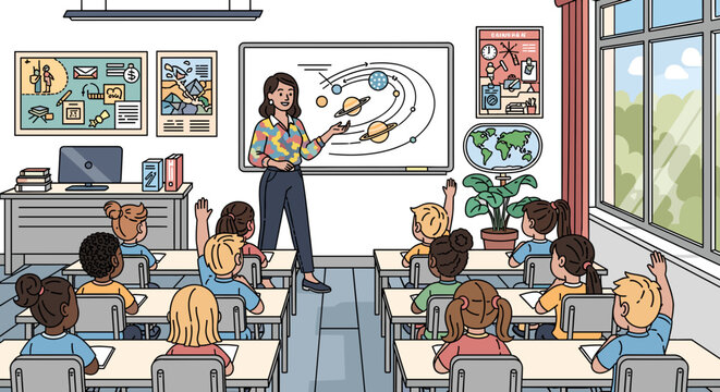 A teacher in a classroom points to a solar system diagram on a smartboard, with students raising their hands.