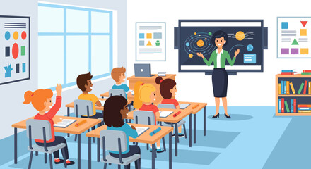 Fototapeta premium A diverse group of elementary school students attentively listen to their teacher in a brightly lit classroom, with one student raising their hand to answer a question.