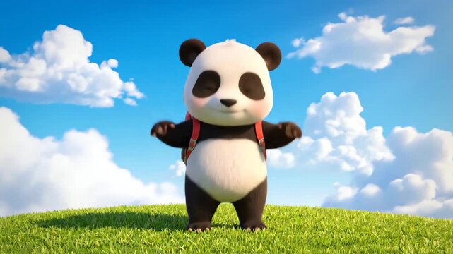 Joyful dancing panda animated character celebrating on a sunny grassy hilltop with fluffy clouds