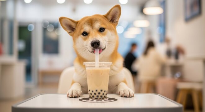 Shiba Inu enjoying bubble tea at a cafe with focus.