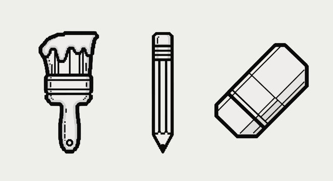 Art tools: paintbrush, pencil, eraser icons on a light background