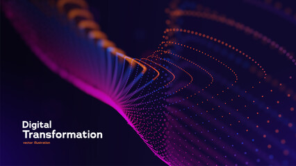Plakat Digital Transformation Background With Glowing Neon Particles And Flowing Data Wave On Dark. Futuristic Business Technologies. Vector Illustration.