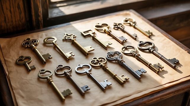 Vintage Collection of Elegant Brass Keys Lined Up on Table Photo