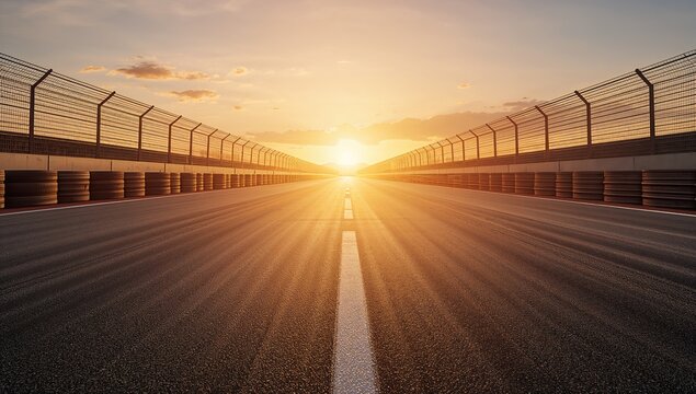 Sunset Over a Racing Track with Fences and Tire Barriers