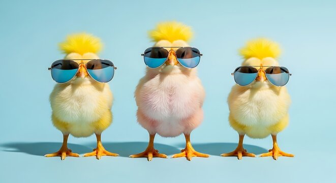 Easter sunday celebration with adorable easter bunny chickens wearing sunglasses