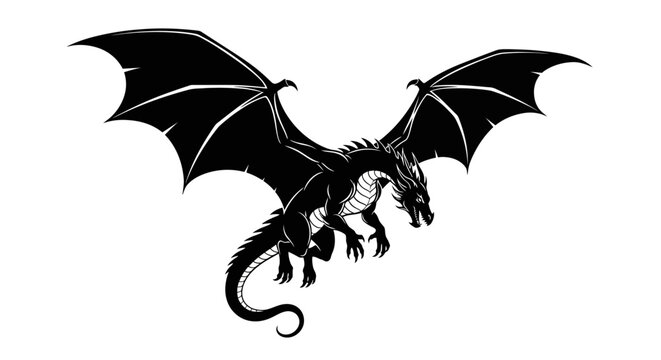 Black dragon flying with wings spread.