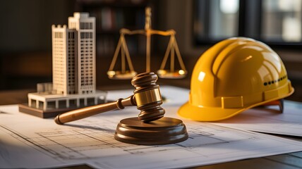 Construction Law Concept With Judge Gavel, Safety Hard Hat and Building Model on Blueprint Desk, Legal Regulations for Infrastructure Projects, Engineering Compliance and Real Estate Development