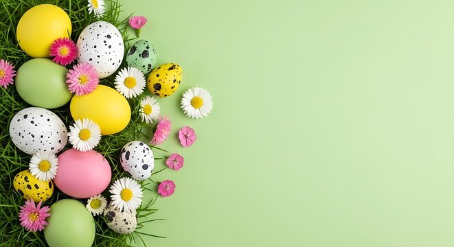 Easter sunday celebration with colorful eggs and flowers on green grass background