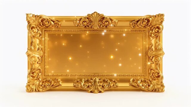 Ornate Golden Picture Frame with Sparkling Lights and Intricate Details Rendering