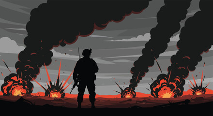 A lone soldier stands amidst fiery explosions and smoke a dramatic war scene silhouette high quality © nhpvect02