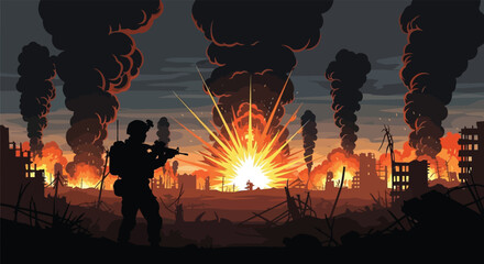 A lone soldier stands against a backdrop of intense urban warfare and fiery destruction silhouette © nhpvect02