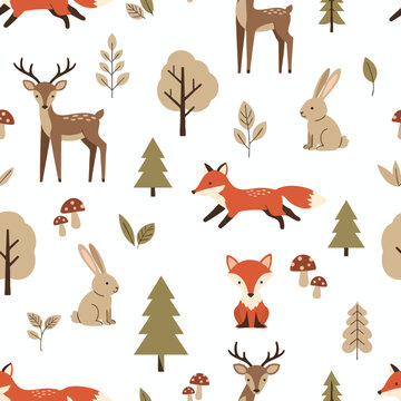 Cute forest animals, trees, mushrooms, and leaves in a repeating pattern