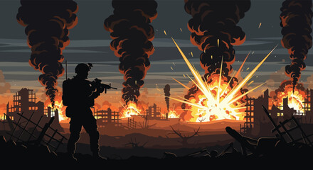 A lone soldier stands amidst a burning cityscape facing intense explosions a dramatic silhouette © nhpvect02
