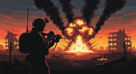 A lone soldier stands against a fiery devastated cityscape holding a weapon silhouette high quality professional © nhpvect02