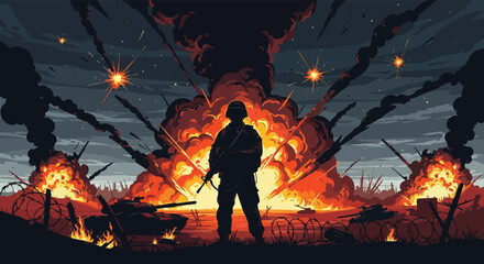 A lone soldier stands against a fiery backdrop of war and destruction a striking silhouette © nhpvect02