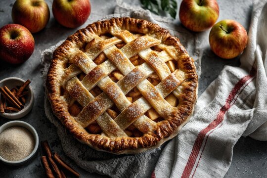 Freshly baked apple pie with a golden lattice crust, surrounded by red apples, cinnamon sticks, and sugar in bowls on a textured gray surface