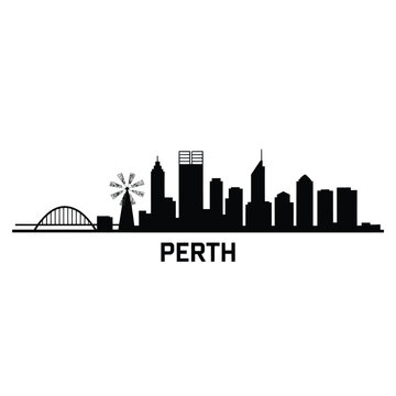 Silhouetted skyline of perth australia with a ferris wheel and bridge