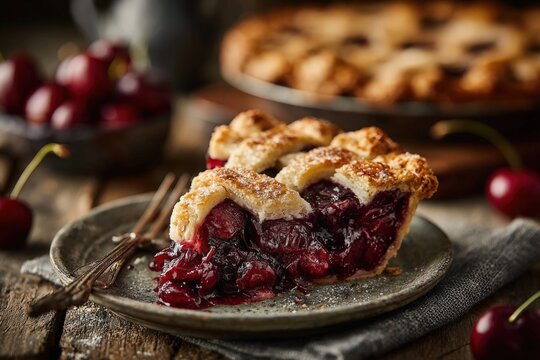 Cherry pie slice on a rustic plate with whole cherries and a pie in the background, showcasing flaky crust and rich filling on a wooden table