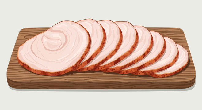 Sliced ham on a wooden cutting board indoors for food preparation