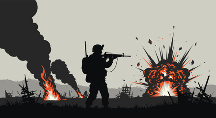 A lone soldier stands against a backdrop of destruction and fiery explosions a stark silhouette © nhpvect02