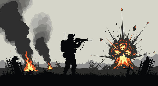 A lone soldier stands amid wartime devastation and explosions powerfully depicted as a silhouette high quality