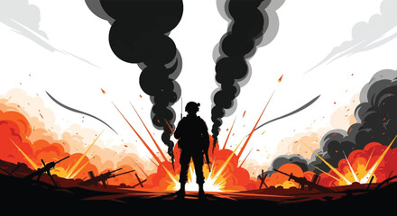 A lone soldier stands amidst fiery explosions and wartime destruction a striking silhouette high quality professional © nhpvect02