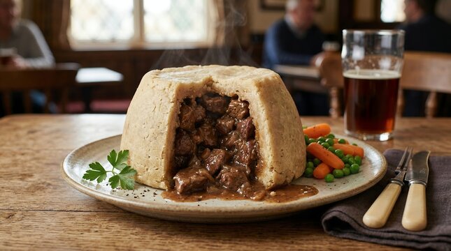 Traditional Steak and Kidney Pudding with Suet Pastry and Rich Gravy