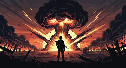 A lone soldier stands amidst devastation as a massive explosion illuminates the scene silhouette high quality © nhpvect02