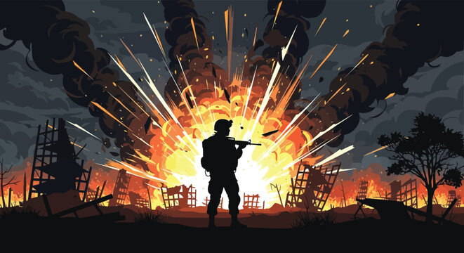 A lone soldier stands against a fiery explosive backdrop of war and destruction silhouette high quality