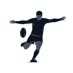 Naklejka premium Silhouette of a male athlete kicking a rugby ball in mid-air, dynamic pose