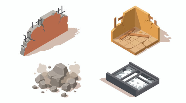 Isometric set of ruined building elements with broken concrete wall, damaged room corner, rock rubble and shattered window frame, concept for demolition, disaster simulation and safety training
