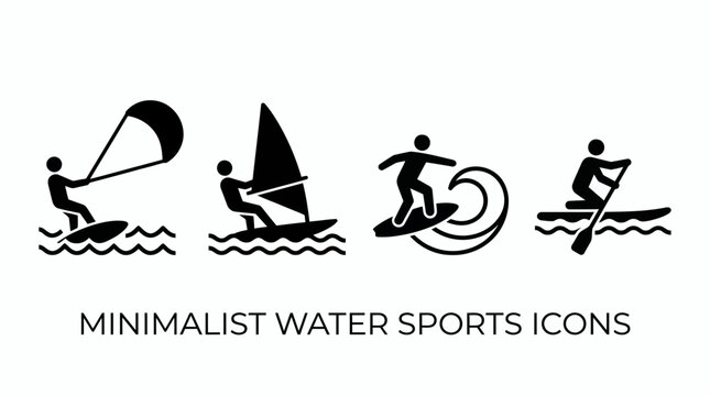 Minimalist black silhouette icons of water sports activities including kitesurfing windsurfing surfing and paddleboarding, concept for summer vacation graphics coastal tourism and athletic design