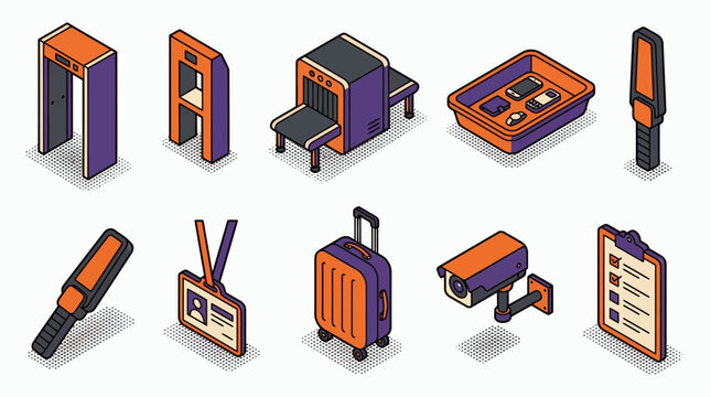 Isometric security equipment set with scanner gate metal detector baggage conveyor and surveillance camera, concept for airport safety, checkpoint infographic and border control
