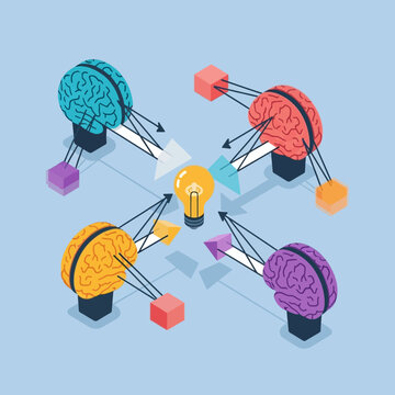 Isometric illustration of four brains connected to a central lightbulb, representing collaboration and ideas.
