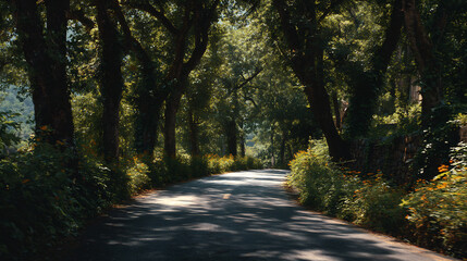 Obraz premium Scenic winding road through a lush green forest canopy with dappled sunlight and vibrant natural foliage