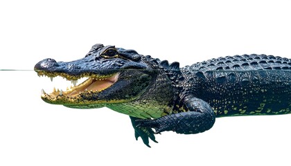 Fototapeta premium A close-up portrait of a dark-skinned reptile with open jaws, partially submerged in water against a pure white background