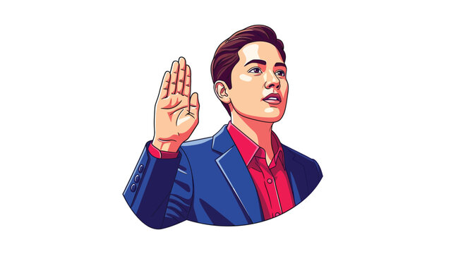 Confident young man in suit raising hand to take an oath or make a pledge. Serious professional swearing or vowing. Vector illustration.