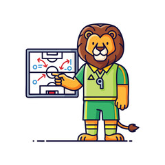 Fototapeta premium Anthropomorphic lion coach points to a soccer playbook on a board