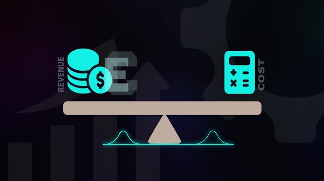 Global economic balance concept featuring revenue and cost symbols on a stable scale for market equilibrium